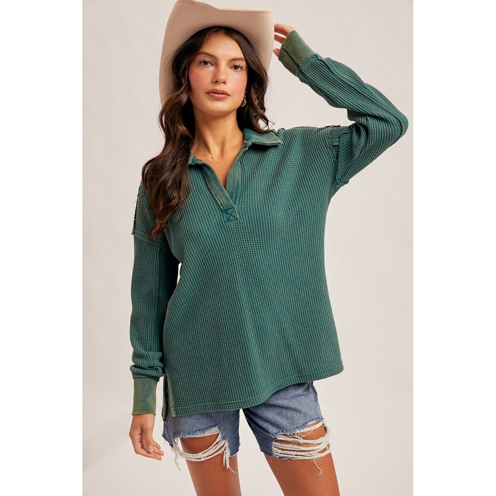 Hem & Thread Washed Thermal Oversized Waffle Knit Pullover Top Teal Medium NWT